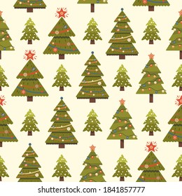 Merry Christmas seamless pattern.  New Year background. Retro Merry Christmas Trees. Greeting Card Seasons Greetings. 