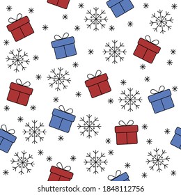 Frohe Weihnachten nahtlose Muster. Neujahrsdekoration. Tapete Hintergrunddesign mit Hintergrundbild. Sterne Geschenkbox Schneeflocken Symbole. Hand gezeichnete blaue Symbol auf weißem Winter-Dekor, Vektorgrafik