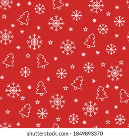 Merry christmas seamless pattern. New year white simbols tree snowflake on red. Cute hand drawn background scandinavian style. Christmas ornament for wrap wallpaper print fabric. Vector illustration