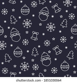 Merry christmas seamless pattern. New year white simbols ball santa tree snowflakes. Dark blue background in scandinavian style. Christmas ornament for wrap wallpaper print fabric. Vector illustration