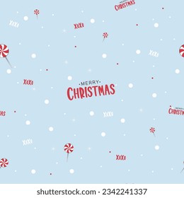 Merry christmas seamless pattern on a blue background with snowflakes and spiral red and white lollipop. For wrapping paper design. Seamless pattern for winter holidays