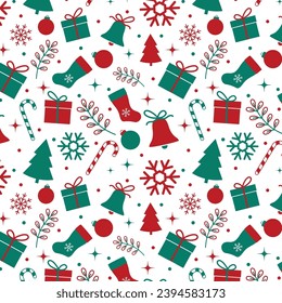 Merry Christmas Seamless Pattern on White Background. Red and Green Winter Pattern. Vector Illustration