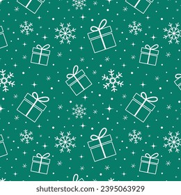 Merry Christmas Seamless Pattern on Green Background. Winter Pattern. Vector Illustration