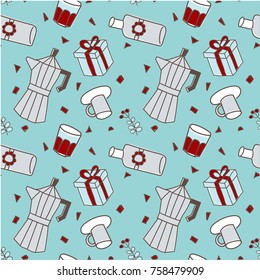 Merry Christmas seamless pattern party, Christmas items drink, coffee, cup, glass, gift, presents, holly jolly celebration, decorated wallpaper scrapbook wrapping paper warm season greeting in blue.