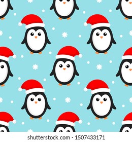 merry christmas seamless pattern with penguins isolated on blue background. Vector Illustration. 