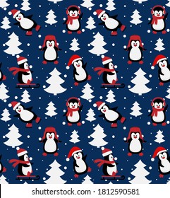Merry Christmas seamless pattern with penguins,in vector. eps 10