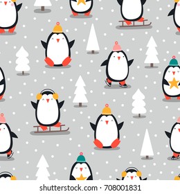 Merry Christmas seamless pattern with penguins,in vector.