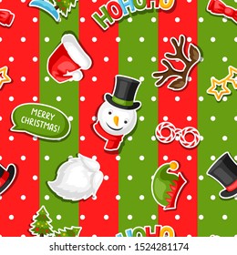 Merry Christmas seamless pattern with photo booth stickers. Background for festival and party.