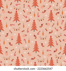 Merry Christmas seamless pattern of pine trees, baubles, mittens, socks and snowflakes. Allover printed holly jolly Xmas surface design. Exquisite Christmassy repeating texture on red background.