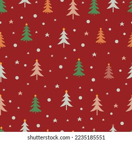 Merry Christmas seamless pattern of pine trees, stars and polka dots. Allover printed holly jolly Xmas surface design. Exquisite Christmassy repeating texture on red background.