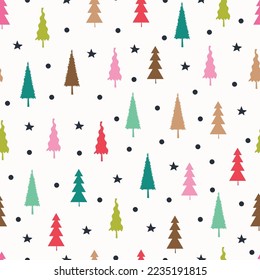 Merry Christmas seamless pattern of pine trees, stars and polka dots. Allover printed holly jolly Xmas surface design. Exquisite Christmassy repeating textured background.