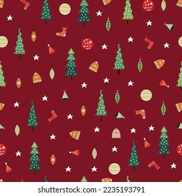 Merry Christmas seamless pattern of pine trees, baubles, socks, Santa hats and stars. Allover printed holly jolly Xmas surface design. Exquisite Christmassy repeating texture on red background.