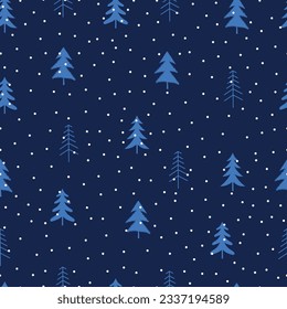 Merry Christmas seamless pattern of pine trees and polka dots. Allover printed holly jolly Xmas surface design. Exquisite Christmassy repeating texture on blue background.