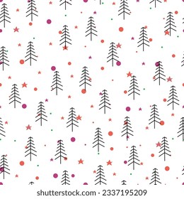 Merry Christmas seamless pattern of pine trees, stars and polka dots. Allover printed holly jolly Xmas surface design. Exquisite Christmassy repeating texture on white background.