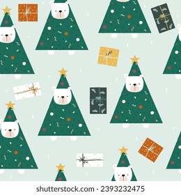 Merry Christmas seamless pattern with polar bear tree. Funny holiday print. Vector hand drawn illustration.