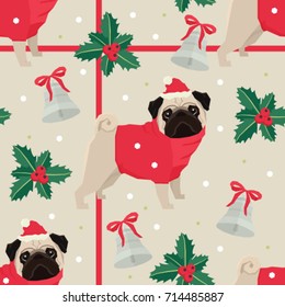 Merry Christmas Seamless pattern with the pugs