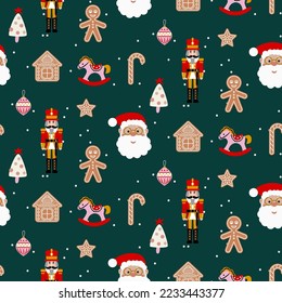 Merry Christmas seamless pattern. Red and green joyful background with Santa, nutcracker and ginger toys.