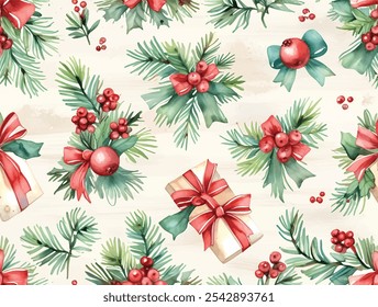 Merry Christmas seamless pattern, A red box with a red ribbon is shown on a white background. The box is surrounded by a pattern of red bows and berries