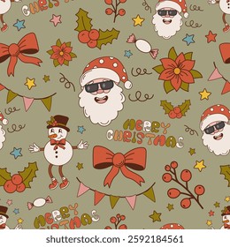 Merry Christmas seamless pattern with retro groovy elements santa, snowman, bow, flags, poinsettia, red berry. Winter festivities ornament