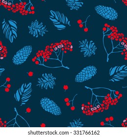 Merry Christmas. Seamless pattern. Rowanberry, cones. Cover. Wallpaper.