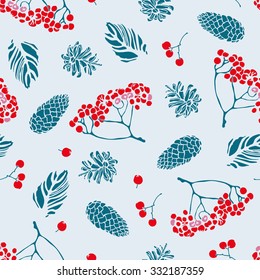 Merry Christmas. Seamless pattern. Rowanberry, cones. Cover. Wallpaper.