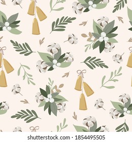 Merry Christmas seamless pattern in rustic farmhouse natural style with winter berries, cotton, floral branches, bouquets,bells. Christmas repeated background for wrapping paper, fabric, christmas dec