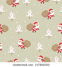 Merry Christmas seamless pattern with Santa Claus and christmas tree.