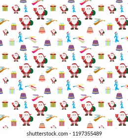 Merry Christmas seamless pattern with santa claus, gift boxes, engel, bell for holiday season background, wallpapers, web page. vector illustration. 