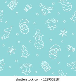 Merry Christmas. Seamless pattern with Santa Claus, christmas tree, reindeer, snowman, gift, snowflake and other. Vector illustration in doodle and cartoon style.