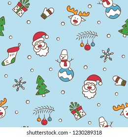 Merry Christmas. Seamless pattern with Santa Claus, christmas tree, reindeer, snowman, gift, snowflake and other. Vector illustration in doodle and cartoon style.