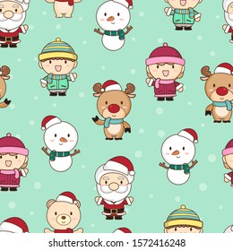 Merry Christmas seamless pattern with Santa Claus,snowman,reindeer,boy and girl on winter background.cute cartoon  characters of Merry Christmas 