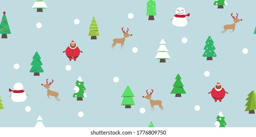 Merry christmas seamless pattern. Santa Christmas-tree Snowman and Reindeer on blue background.	
