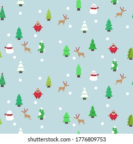 Merry christmas seamless pattern. Santa Christmas-tree Snowman and Reindeer on blue background.	
