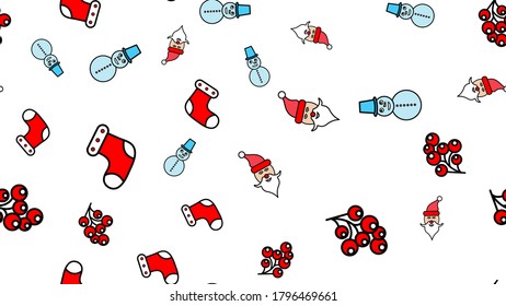 Merry Christmas. Seamless pattern with Santa Claus, christmas tree, reindeer, snowman, gift, snowflake and other. Vector.