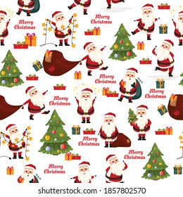 Merry Christmas seamless pattern with Santa Claus, tree and gifts in vector. Wrapping paper or print.
