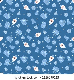 Feliz Navidad sin fisuras con Santa Claus, árbol, regalos, estrellas y bolas de navidad. Ilustración plana vectorial. 