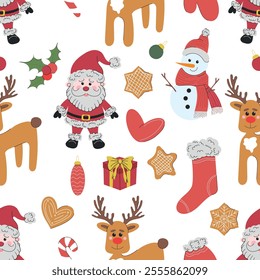 Merry Christmas seamless pattern with Santa Claus, heart, reindeer, stockings, gift boxes, gingerbread cookies on white background. Hand drawn vector illustration in flat style. Wrapping paper, design