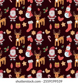 Merry Christmas seamless pattern with Santa Claus, heart, reindeer, stockings, gift boxes, gingerbread cookies on brown background. Hand drawn vector illustration in flat style. Wrapping paper, design