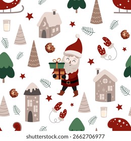 Merry Christmas seamless pattern with Santa Claus, Christmas tree, santa's sleigh, winter houses. New Year background in cartoon style