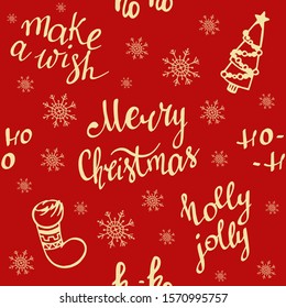 Merry Christmas, seamless pattern. Set of holiday letterings: Holly Jolly, make a wish, ho-ho-ho. New Year texture with snowflakes. Winter festive background. 