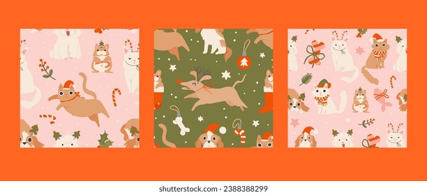 Merry Christmas seamless pattern set with holiday pets. Cozy holiday domestic cat, dog, hamster, parrot, turtle. Cute funny hand drawn cartoon style background. Christmas vector wrapping paper design