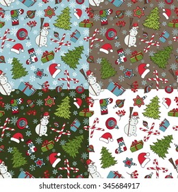 Merry Christmas seamless pattern set.New year,Winter doodles symbols. Fir tree,snowman,gifts,balls,snowflakes background.Flat vector,holiday decoration,bright colors