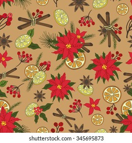 Merry Christmas seamless pattern set.New year,Winter doodles symbols.Fir tree branches,Poinsettia flowers,citrus,cinnamon,spicy tasty background background.Flat vector,holiday decoration,bright colors