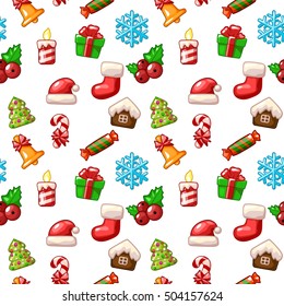 Merry Christmas seamless pattern, set icons on white background in vector