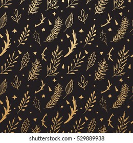 Merry Christmas seamless pattern. Shiny pattern with fir branches, flowers and decorative elements. Christmas hand drawn design.