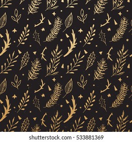 Patrón sin fisuras de Navidades alegres. Patrón brillante con ramas de abeto, flores y Elementos decorativos. Navidades diseño dibujado a mano