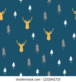 Merry Christmas seamless pattern with simple minimalist trees and reindeer head background.