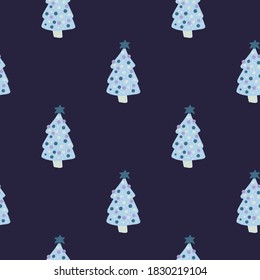 Merry christmas seamless pattern with simple minimalist blue trees. Navy blue dark background. Xmas scandinavian backdrop. For fabric design, textile print, wrapping, cover. Vector illustration.