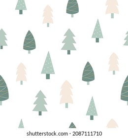 Merry Christmas seamless pattern with simple minimalist Christmas trees and Christmas trees. For greeting cards, fabric, or wrapping paper. New Year. Vector illustration.