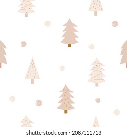Merry Christmas seamless pattern with simple minimalist Christmas trees and Christmas trees. For greeting cards, fabric, or wrapping paper. New Year. Vector illustration.